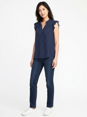 Adrianna Papell Navy & White Polka Dot Ruffle Tie Blouse